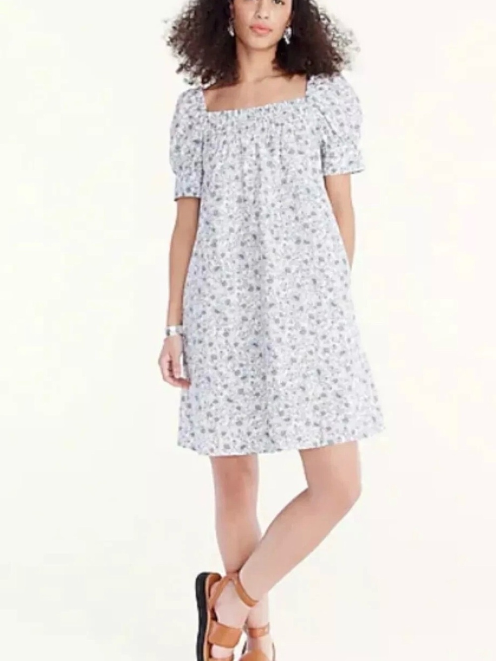 J Crew Cotton Poplin Shift Dress in Floral Vines Smocked Pockets Puff Sleeves XL